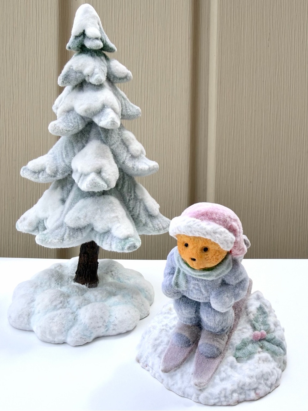 Vintage Flocked Snowy Tree & Skiing Bear Figurine Christmas Holiday Winter Decor